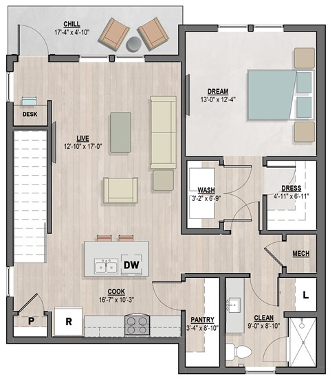 Dorian one-bedroom, one-bathroom floor plan at Colina Weho in Birmingham, AL