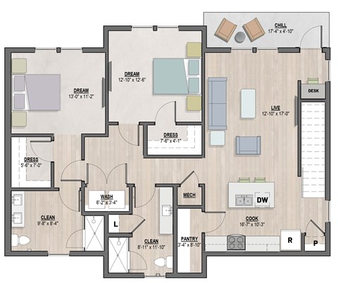 Dunlop two-bedroom, two-bathroom floor plan at Colina Weho in Birmingham, AL