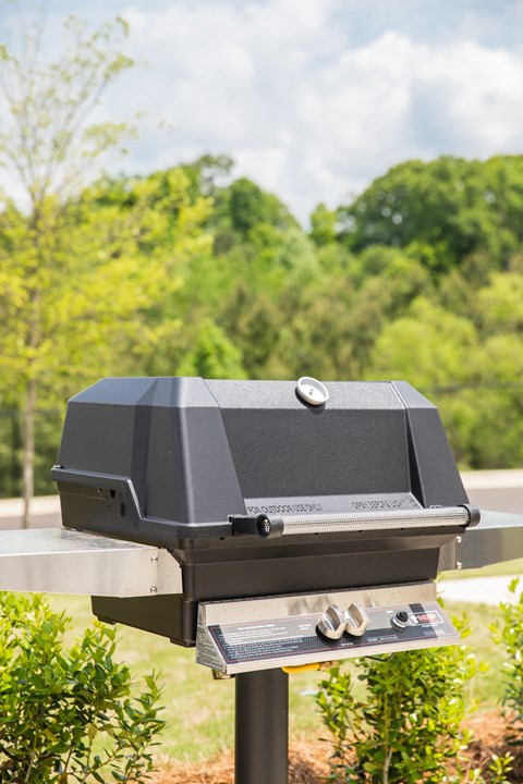 an outdoor grill with trees in the background