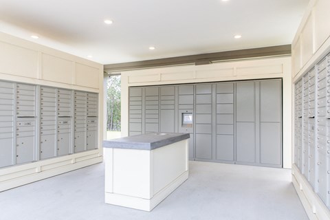 a locker room with a counter in the middle of it