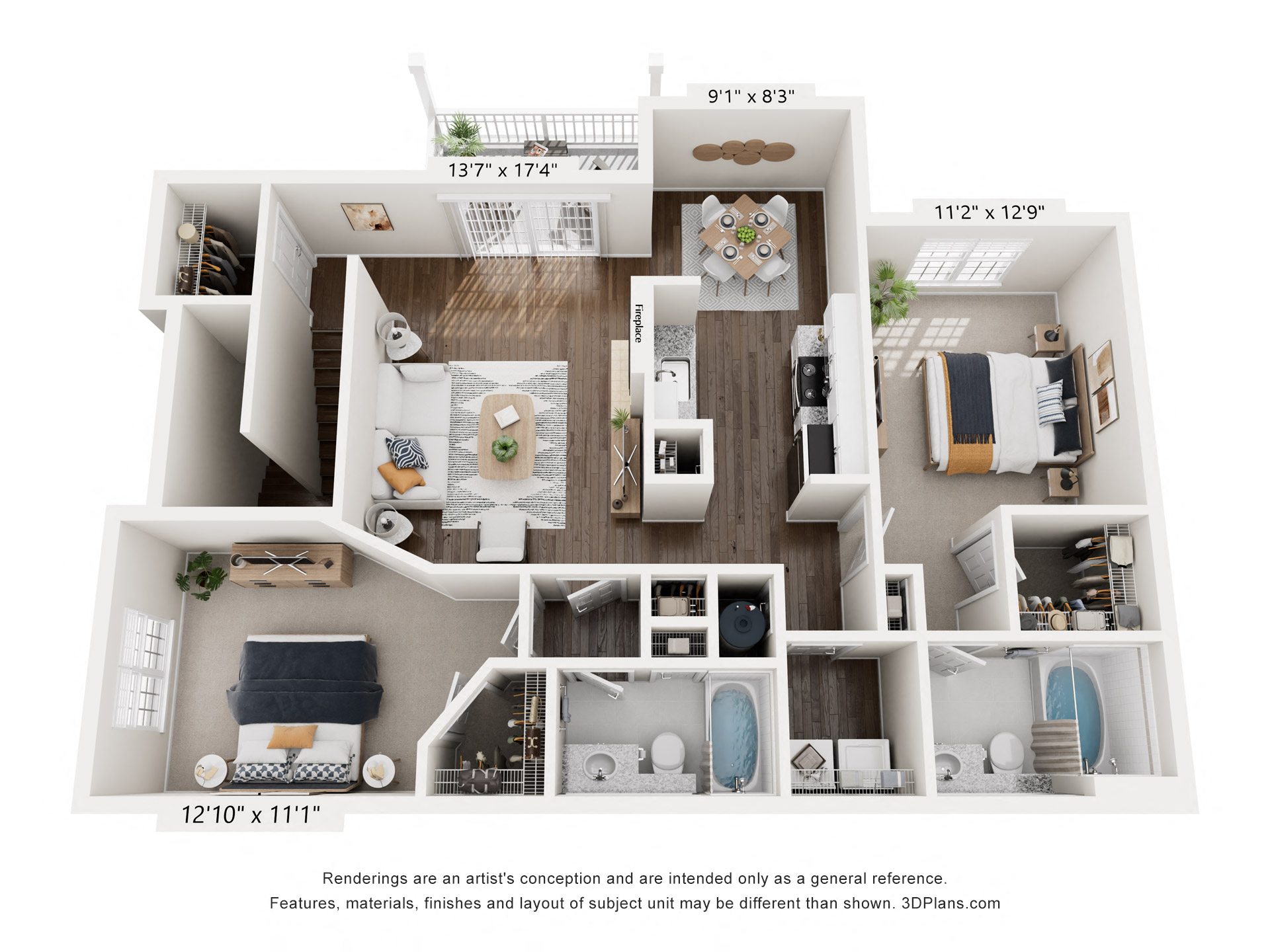 3-D Rendering of The Currituck floor plan at The Enclave at Crossroads Apartments in Raleigh, NC