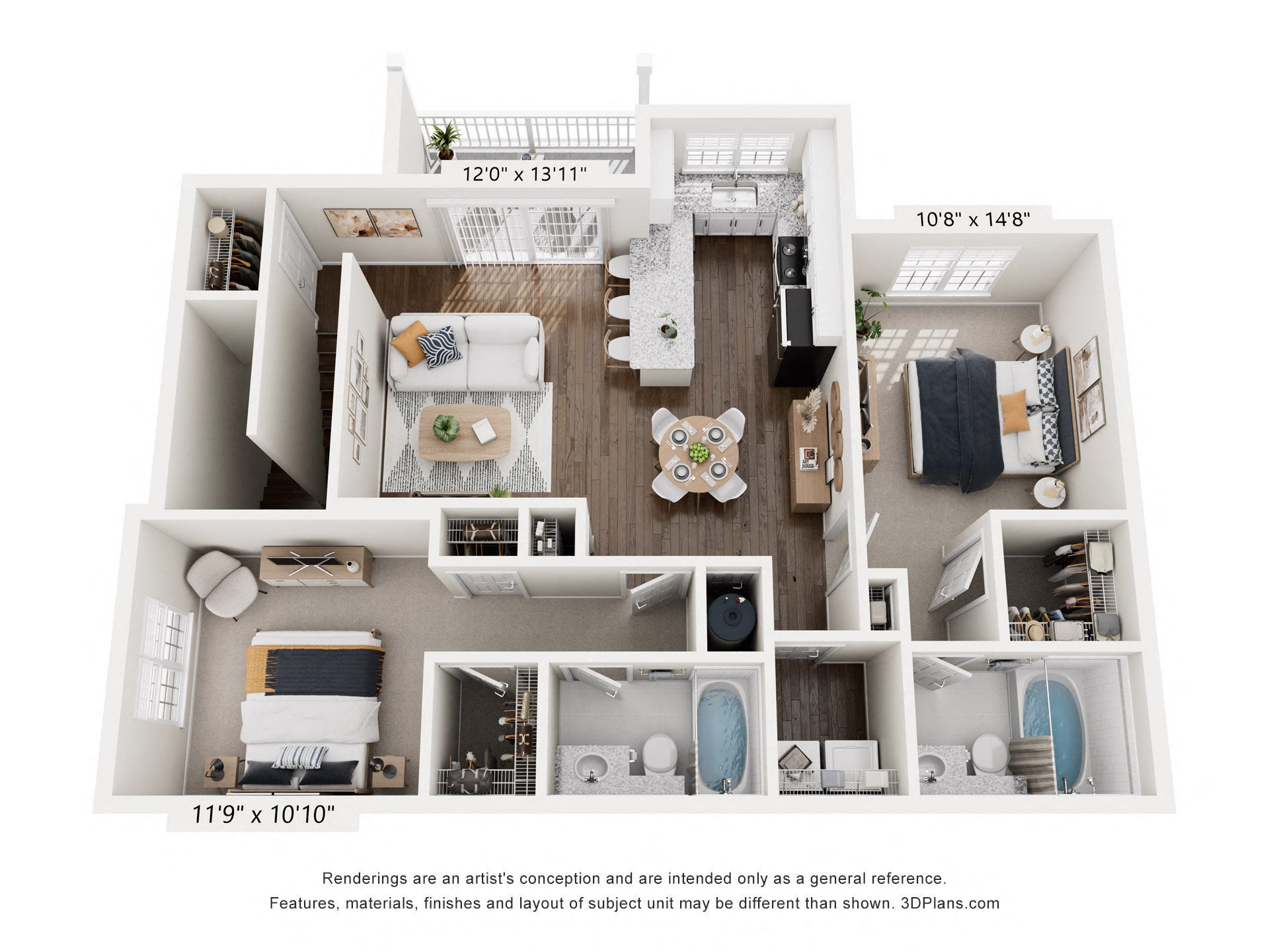 3-D Rendering of The Hatteras floor plan at The Enclave at Crossroads Apartments in Raleigh, NC