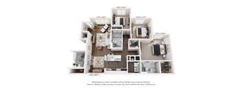 The Okracoke Three-Bedroom Apartment Floorplan Rendering