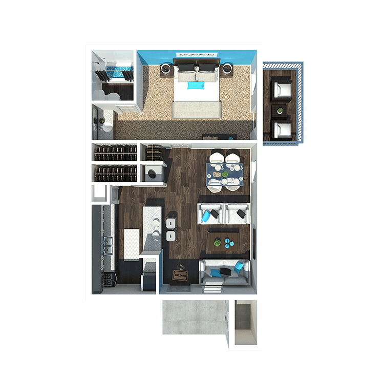 3-D rendering of a one-bedroom apartment at 701 South Apartments in Mobile, AL