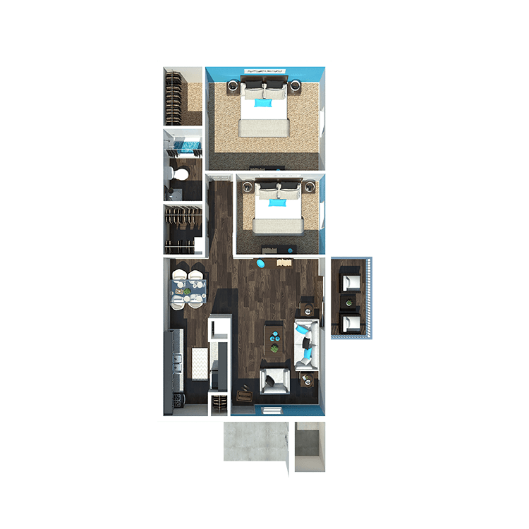3-D rendering of a two-bedroom apartment at 701 South Apartments in Mobile, AL
