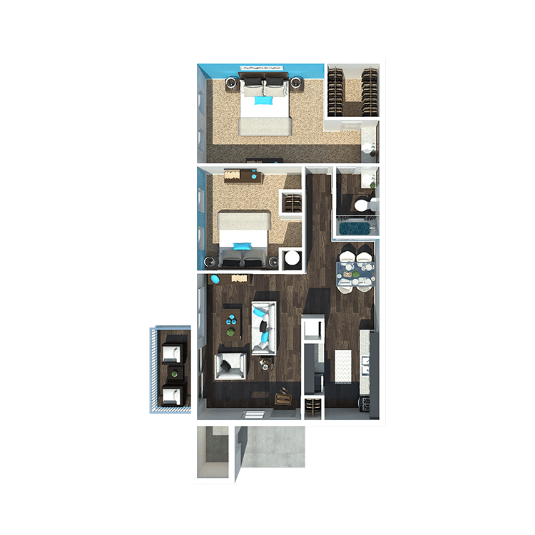 3-D rendering of a two-bedroom apartment at 701 South Apartments in Mobile, AL