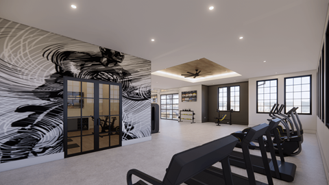 A gym with treadmills and a wall mural.