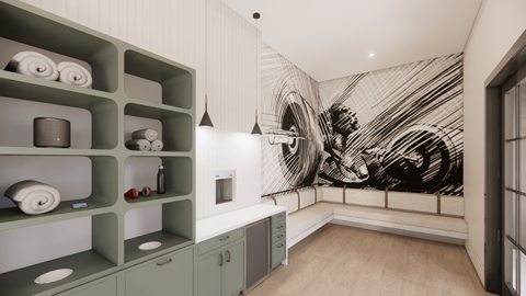 A bathroom with green shelves and a black and white mural on the wall.