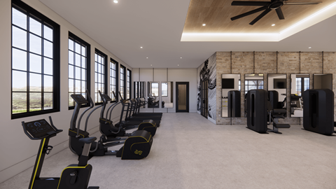 A gym with treadmills and exercise bikes.