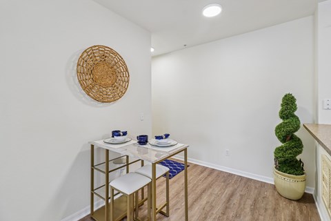 A dining table with chairs and a potted plant in a room.