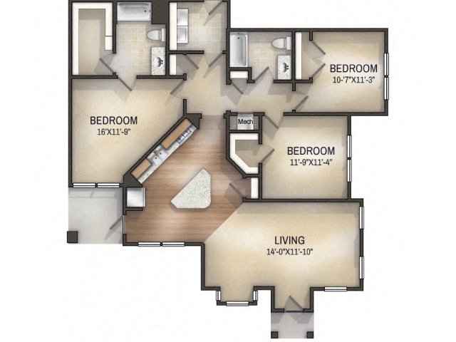 3 bedroom 2 bathroom  Herringbone I Unfurnished Floor Plan at Tattersall Chesapeake, Chesapeake, VA