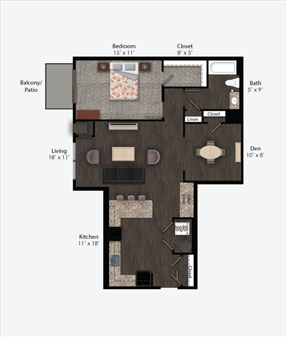 Floor Plan Rendering of a One Bedroom One Bathroom apartment flat at The Promenade at Founders Square Apartments in Portage, IN