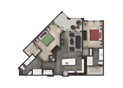The Demure Two-Bedroom Apartment Floorplan Rendering Tapestry Bocage Apartments Homes in Baton Rouge Louisiana