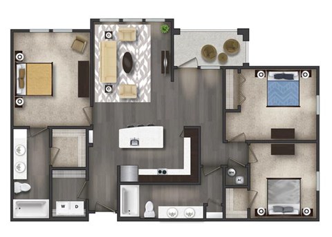 The Trendy Three-Bedroom Apartment Floorplan Rendering Tapestry Bocage Apartments Homes in Baton Rouge Louisiana