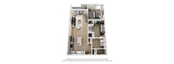 A 3D floor plan of a 1 bed 1 bath apartment with a kitchen, living room, and laundry
