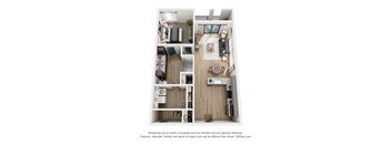 A 3D floor plan of a 1 bed 1 bath apartment with a kitchen, living room and laundry