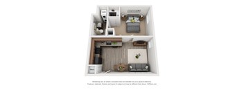 A 3D floor plan of a small apartment with a kitchen, living room, and bedroom.