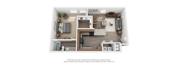 A 3D floor plan of a small apartment with a kitchen, living room, and bedroom.
