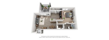 A 3D floor plan of a house with a kitchen, living room, dining room, and bathroom.