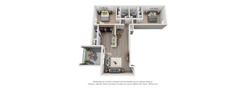 A 3D floor plan of a house with a living room, kitchen, and two bedrooms.