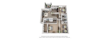 A 3D floor plan of a house with a kitchen, living room, dining room, and two bedrooms.