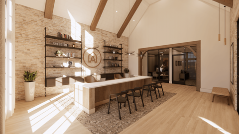 A modern interior with a wooden bar and seating area.