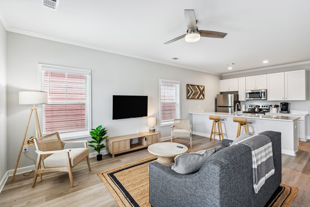 a living room with a couch and a table
