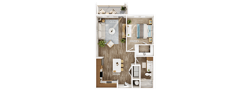 A floor plan of a small apartment with a kitchen, living room, and bathroom.
