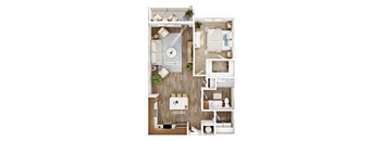 A top-down view of a living space with a kitchen, dining area, and bedroom.