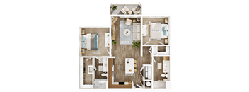 A detailed 3D floor plan of a small apartment layout.
