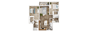A top-down view of a house layout with a living room, kitchen, and bathrooms.
