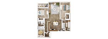 A detailed 3D floor plan of a house layout.