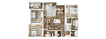 A top-down view of a house layout with a living room, kitchen, and bathrooms.