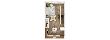 A top-down view of a living room with a couch, coffee table, and kitchen area.