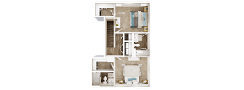 A floor plan of a small apartment with a bedroom, bathroom, and kitchen.