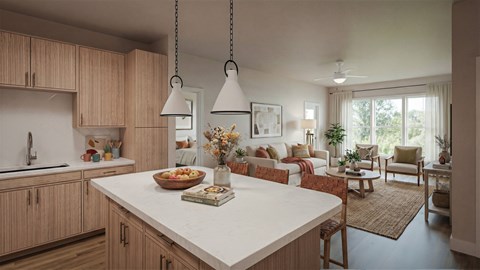 A kitchen with wooden cabinets and a white island with a book on it.
