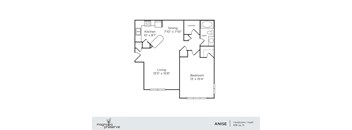 A floor plan of a one bedroom apartment with a living area, kitchen, bathroom and laundry room.