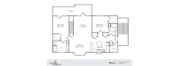 A floor plan of a two bedroom, two bath apartment with a deck.
