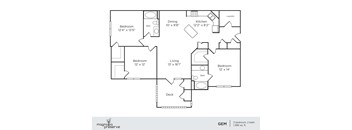 A floor plan of a home with three bedrooms, two bathrooms, a living room, dining room, kitchen, and laundry area.