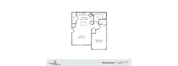 A floor plan of a one bedroom apartment with a living area, kitchen, and bathroom.