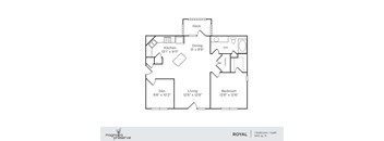 A floor plan of a one bedroom apartment with a den and a living room.
