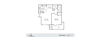A floor plan of a small apartment with a kitchen, living room, bedroom, and bathroom.