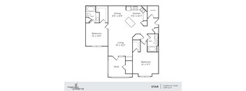 A floor plan of a two bedroom, two bath apartment with a living room, dining room, kitchen, and deck.