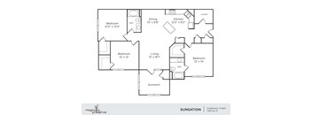 A floor plan of a home with three bedrooms, a living room, a dining room, a kitchen, a laundry room, and a sunroom.