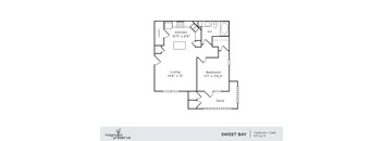 A floor plan of a one bedroom apartment with a bathroom, kitchen, living room and a deck.