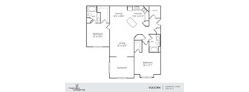 A floor plan of a two bedroom, two bathroom apartment.