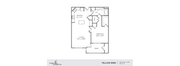A floor plan of a one bedroom, one bath apartment with a kitchen, living room and deck.