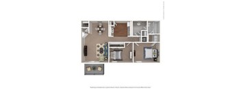 A floor plan of a house with a living room, two bedrooms, a bathroom, and a kitchen.