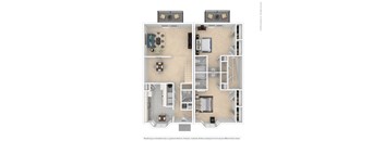 A floor plan of a house with a kitchen, living room, bedrooms, and bathrooms.