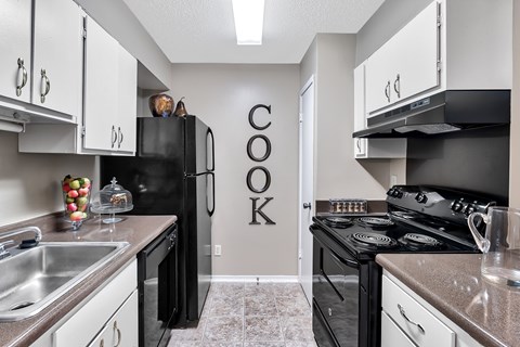 A kitchen with a black refrigerator and stove.